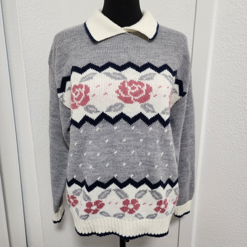 Vintage Cape Cod Sportswear Rose Floral Grannycore Collared Sweater
